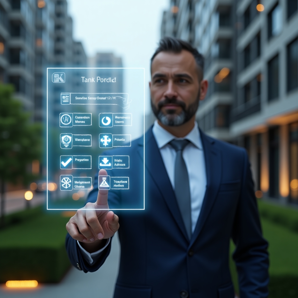 (Ultra-realistic condominium manager in a tailored navy suit, set in a modern luxury condominium environment with high-rise buildings and lush green landscaping, pointing at a floating holographic activity schedule with glowing checkmarks and maintenance icons, conveying confidence and focus, cinematic lighting, shallow depth of field, highly detailed textures, realistic skin, photographic realism, 8k resolution --ar 1:1 --v 6)