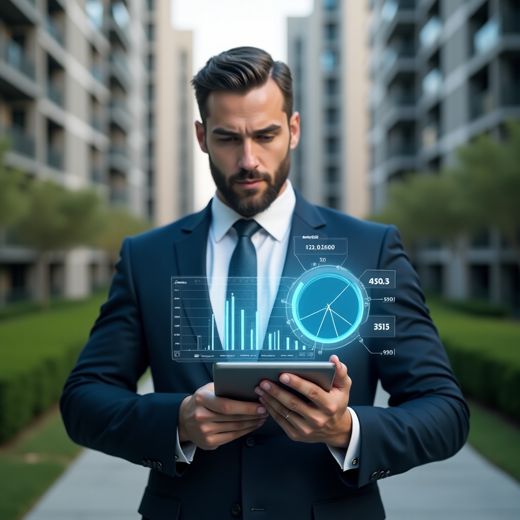 Ultra-realistic condominium manager in a navy tailored suit, set in a modern luxury condominium environment with high-rise buildings and lush green landscaping, holding a transparent tablet displaying a holographic pie chart of ideal fractions, analyzing data with a thoughtful, confident expression, holographic icons representing automatic calculations floating around, cinematic lighting, shallow depth of field, highly detailed textures, realistic skin, photographic realism, 8k resolution --ar 1:1 --v 6
