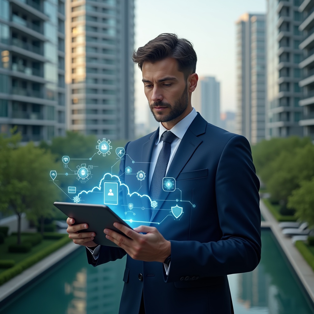 (Ultra-realistic condominium manager in a dark blue executive suit, set in a modern luxury condominium environment with high-rise buildings and lush green landscaping, holding a tablet displaying a holographic cloud-based management dashboard, surrounded by floating digital icons of reports, a security shield, and workflow arrows, confident and focused expression, cinematic lighting, shallow depth of field, highly detailed textures, realistic skin, photographic realism, 8k resolution --ar 1:1 --v 6)