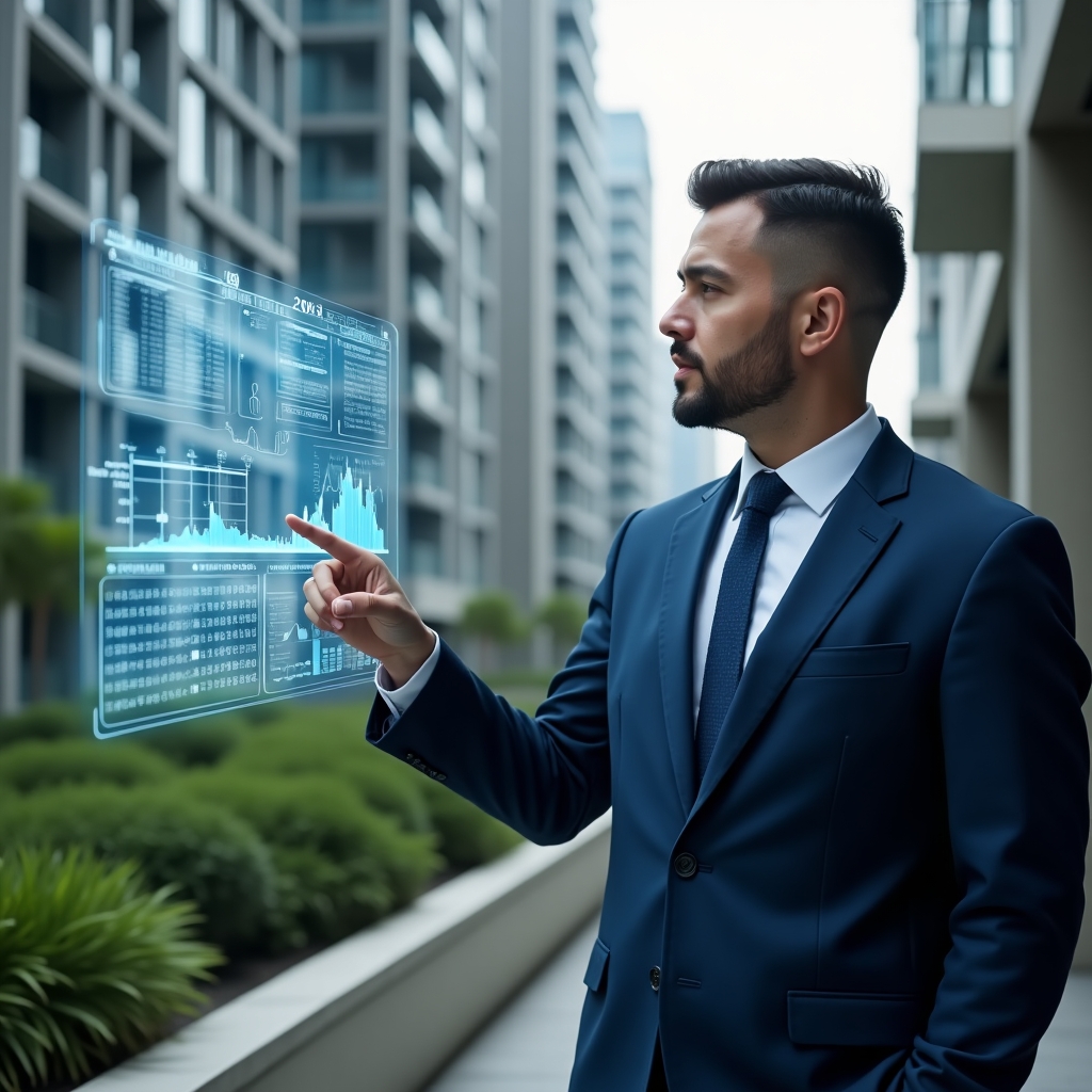Ultra-realistic condominium manager in a navy blue executive suit, set in a modern luxury condominium environment with high-rise buildings and lush green landscaping, holding a transparent holographic dashboard displaying reservation calendars and financial graphs, confidently pointing at a digital interface, inspiring innovation and efficiency, cinematic lighting, shallow depth of field, highly detailed textures, realistic skin, photographic realism, 8k resolution --ar 1:1 --v 6