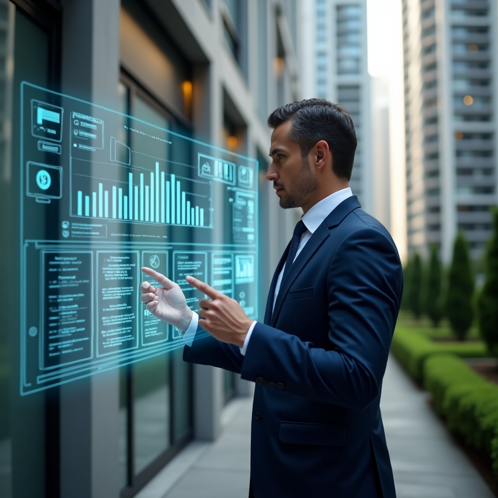Ultra-realistic condominium manager in a navy blue executive suit, set in a modern luxury condominium environment with high-rise buildings and manicured green landscaping, examining holographic financial charts and ledgers projected in front of them, confidently pointing at transparent balance graphs, symbolic icons of documents and communication bubbles floating around, cinematic lighting, shallow depth of field, highly detailed textures, realistic skin, photographic realism, 8k resolution --ar 1:1 --v 6