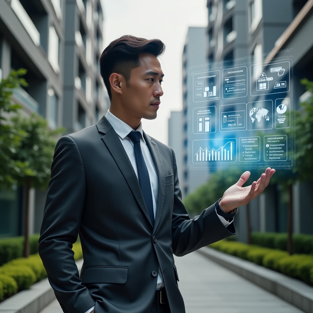 Ultra-realistic condominium manager in a charcoal gray suit, set in a modern luxury condominium environment with high-rise buildings and manicured greenery, reviewing a floating holographic dashboard of digital icons and graphs, confident expression, symbolizing streamlined process optimization, cinematic lighting, shallow depth of field, highly detailed textures, realistic skin, photographic realism, 8k resolution --ar 1:1 --v 6