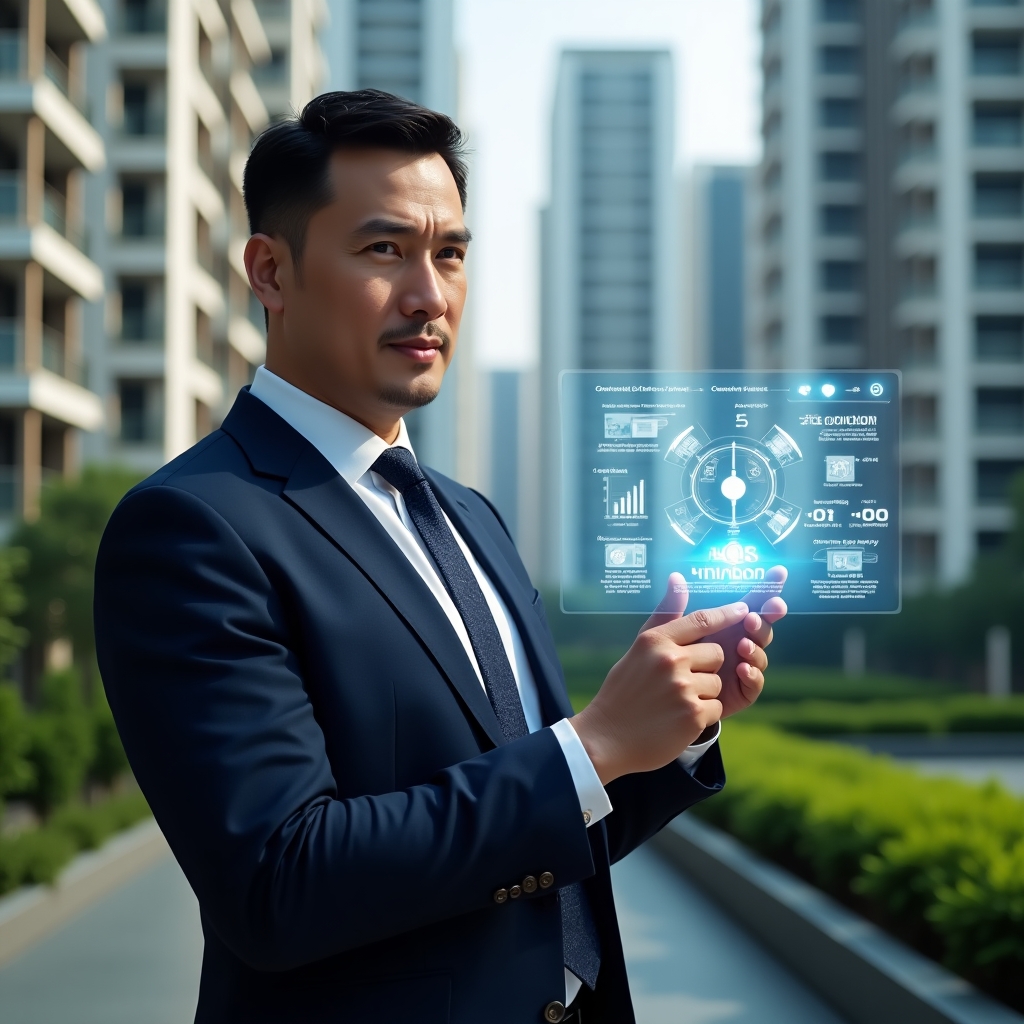 (Ultra-realistic condominium manager in a tailored navy suit, set in a modern luxury condominium environment with high-rise buildings and lush green landscaping, holding a translucent holographic chart of cost reduction strategies—showing icons for cleaning, security, and maintenance—confidently pointing at data, cinematic lighting, shallow depth of field, highly detailed textures, realistic skin, photographic realism, 8k resolution --ar 1:1 --v 6)