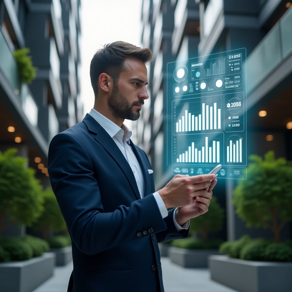 (Ultra-realistic condominium manager in a tailored navy suit, set in a modern luxury condominium environment with high-rise buildings and lush green landscaping, examining a floating holographic expense dashboard with categorized cost icons and trend graphs, confident and focused expression, cinematic lighting, shallow depth of field, highly detailed textures, realistic skin, photographic realism, 8k resolution --ar 1:1 --v 6)