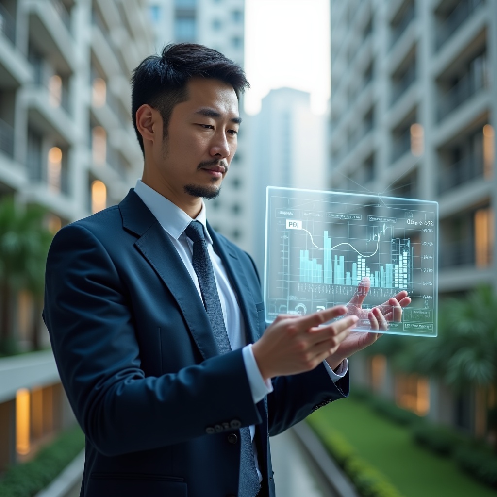 Ultra-realistic condominium manager in a tailored dark blue suit, set in a modern luxury condominium environment with high-rise buildings and manicured green landscaping, holding and analyzing a floating holographic KPI dashboard displaying charts and metrics, confident and focused expression, cinematic lighting, shallow depth of field, highly detailed textures, realistic skin, photographic realism, 8k resolution --ar 1:1 --v 6