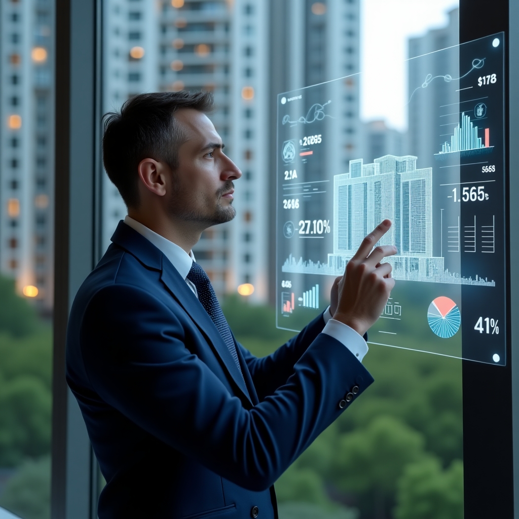 Ultra-realistic condominium manager in a navy blue executive suit, set in a modern luxury condominium environment with high-rise buildings and lush green landscaping, analyzing and pointing at holographic financial charts displaying bar graphs, pie charts and percentage indicators, thematic hologram of a condo building and currency symbols floating beside, cinematic lighting, shallow depth of field, highly detailed textures, realistic skin, photographic realism, 8k resolution --ar 1:1 --v 6