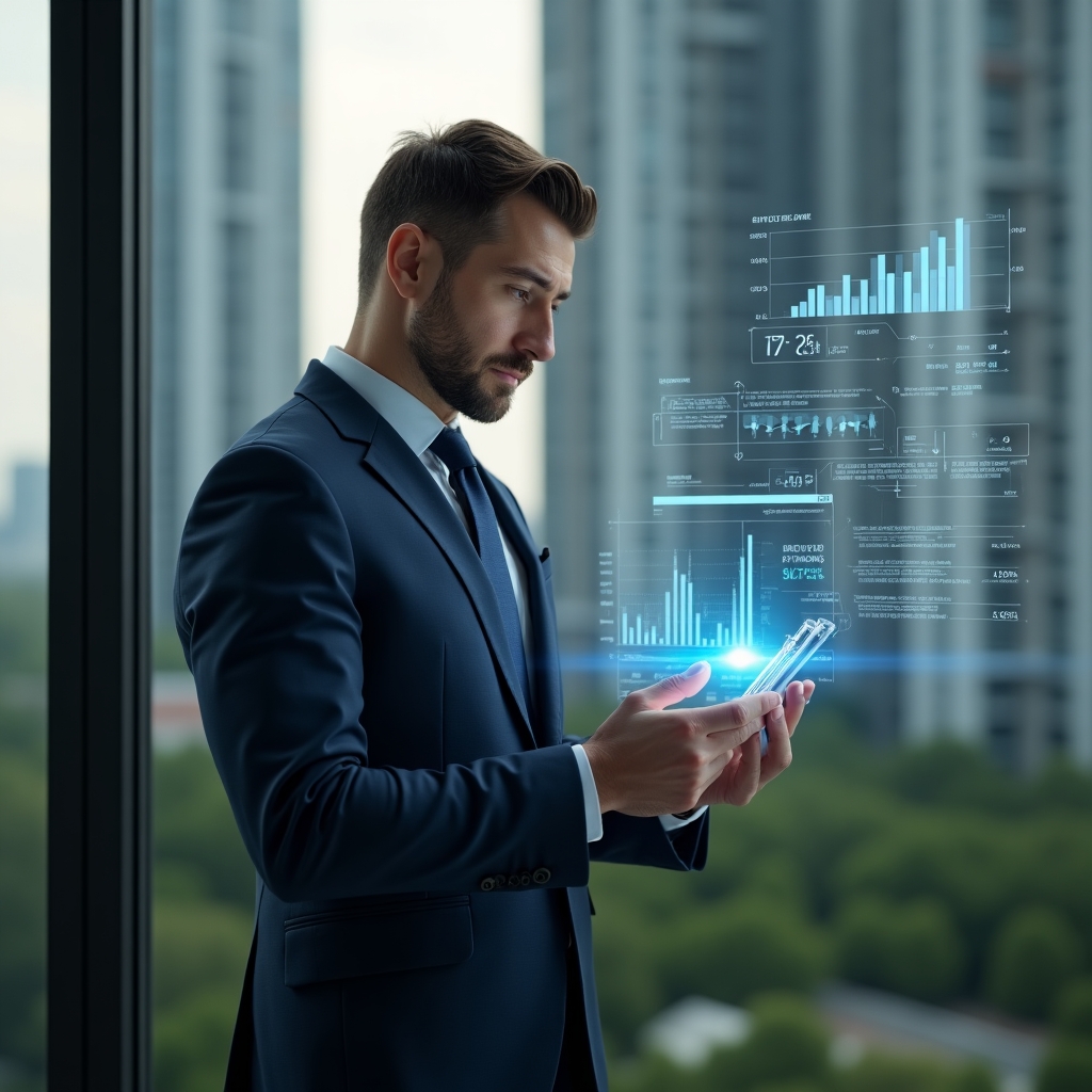 Ultra-realistic condominium manager in a navy tailored suit, set in a modern luxury condominium environment with high-rise buildings and green landscaping, analyzing holographic financial charts and KPI bar graphs with a focused, confident expression, holographic icons of cash flow and delinquency rates floating beside, cinematic lighting, shallow depth of field, highly detailed textures, realistic skin, photographic realism, 8k resolution --ar 1:1 --v 6