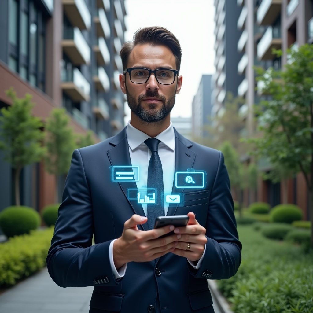 (Ultra-realistic condominium manager in a tailored navy suit, set in a modern luxury condominium environment with high-rise buildings and lush green landscaping, holding a smartphone with floating holographic icons of payment receipts, chat bubbles, and virtual voting ballots to illustrate the mobile app integration advantages, confident expression, cinematic lighting, shallow depth of field, highly detailed textures, realistic skin, photographic realism, 8k resolution --ar 1:1 --v 6)