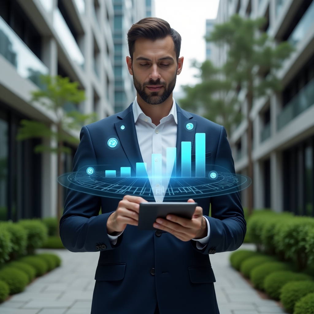 Ultra-realistic condominium manager in a navy blue tailored suit, set in a modern luxury condominium environment with high-rise buildings and manicured green landscaping, holding a digital tablet and reviewing a holographic financial chart projected above it, floating budget icons and coins symbolizing expense control, focused and confident expression, cinematic lighting, shallow depth of field, highly detailed textures, realistic skin, photographic realism, 8k resolution --ar 1:1 --v 6