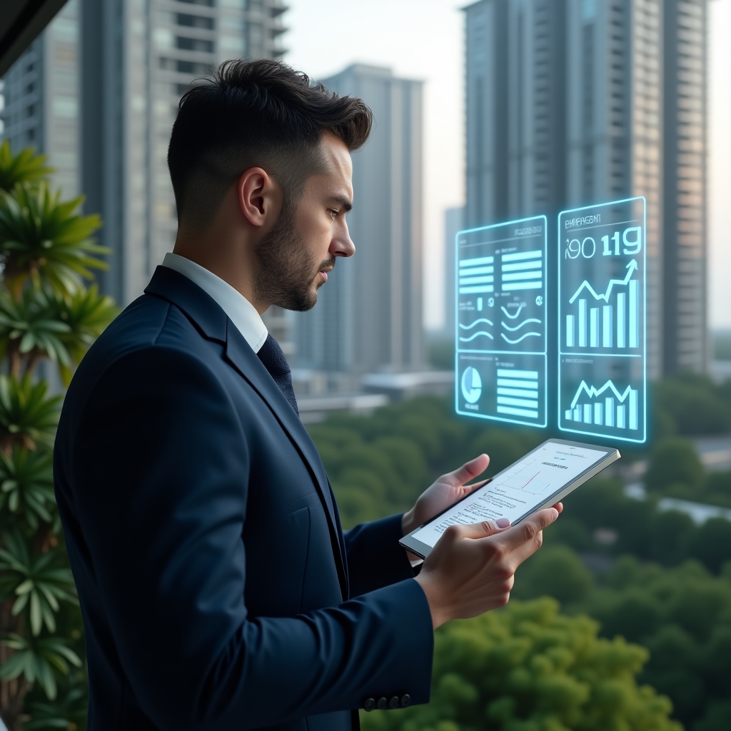 Ultra-realistic condominium manager in a dark navy suit, set in a modern luxury condominium environment with high-rise buildings and lush green landscaping, analyzing a floating holographic budget dashboard with charts and emergency maintenance icons, confident and focused expression, cinematic lighting, shallow depth of field, highly detailed textures, realistic skin, photographic realism, 8k resolution --ar 1:1 --v 6