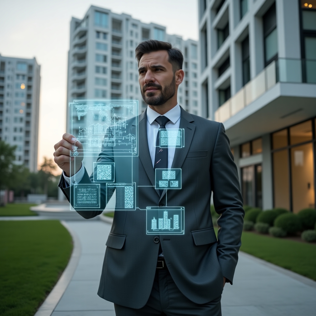 (Ultra-realistic condominium manager in a charcoal gray tailored suit, set in a modern luxury condominium environment with high-rise buildings and manicured green landscaping, standing in a medium shot while interacting with a holographic interface displaying icons for financial reports, chat bubbles, QR codes and calendars, confident and focused expression, futuristic translucent holograms of building blueprints floating around, cinematic lighting, shallow depth of field, highly detailed textures, realistic skin, photographic realism, 8k resolution --ar 1:1 --v 6)