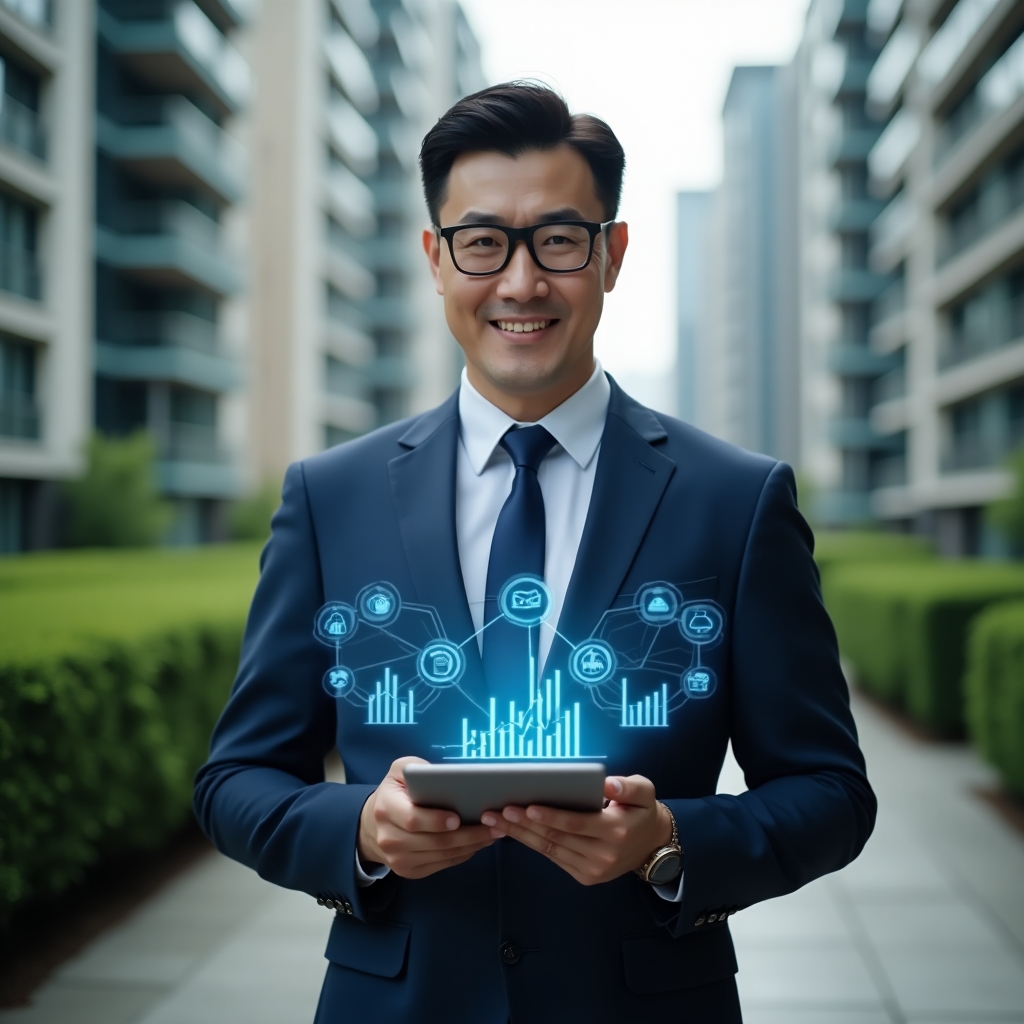 Ultra-realistic condominium manager in a navy blue suit, set in a modern luxury condominium environment with high-rise buildings and lush greenery, holding a tablet displaying a digital dashboard with financial charts and maintenance icons, holographic symbols of finance, communication and upkeep floating around, confident expression, cinematic lighting, shallow depth of field, highly detailed textures, realistic skin, photographic realism, 8k resolution --ar 1:1 --v 6