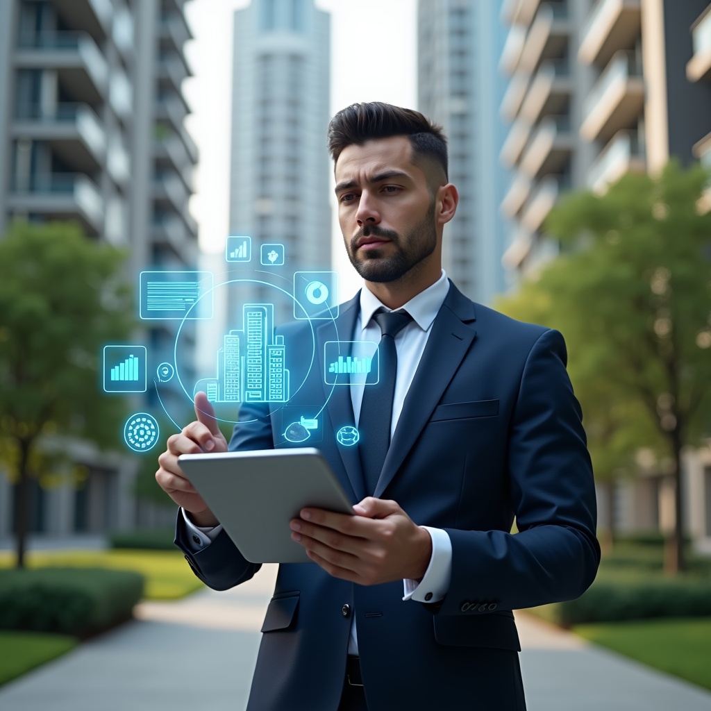 (Ultra-realistic condominium manager in a navy tailored suit, set in a modern luxury condominium environment with high-rise buildings and manicured green landscaping, holding a tablet displaying a holographic digital dashboard, confident and focused expression, floating holographic icons of charts, messages and building layouts around them, cinematic lighting, shallow depth of field, highly detailed textures, realistic skin, photographic realism, 8k resolution --ar 1:1 --v 6)