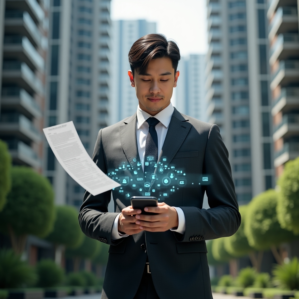 (Ultra-realistic condominium manager in a charcoal gray tailored suit, set in a modern luxury condominium environment with high-rise buildings and well-groomed greenery, holding a smartphone displaying a holographic app interface as paper documents dissolve into digital icons around them, confident and focused expression, cinematic lighting, shallow depth of field, highly detailed textures, realistic skin, photographic realism, 8k resolution --ar 1:1 --v 6)