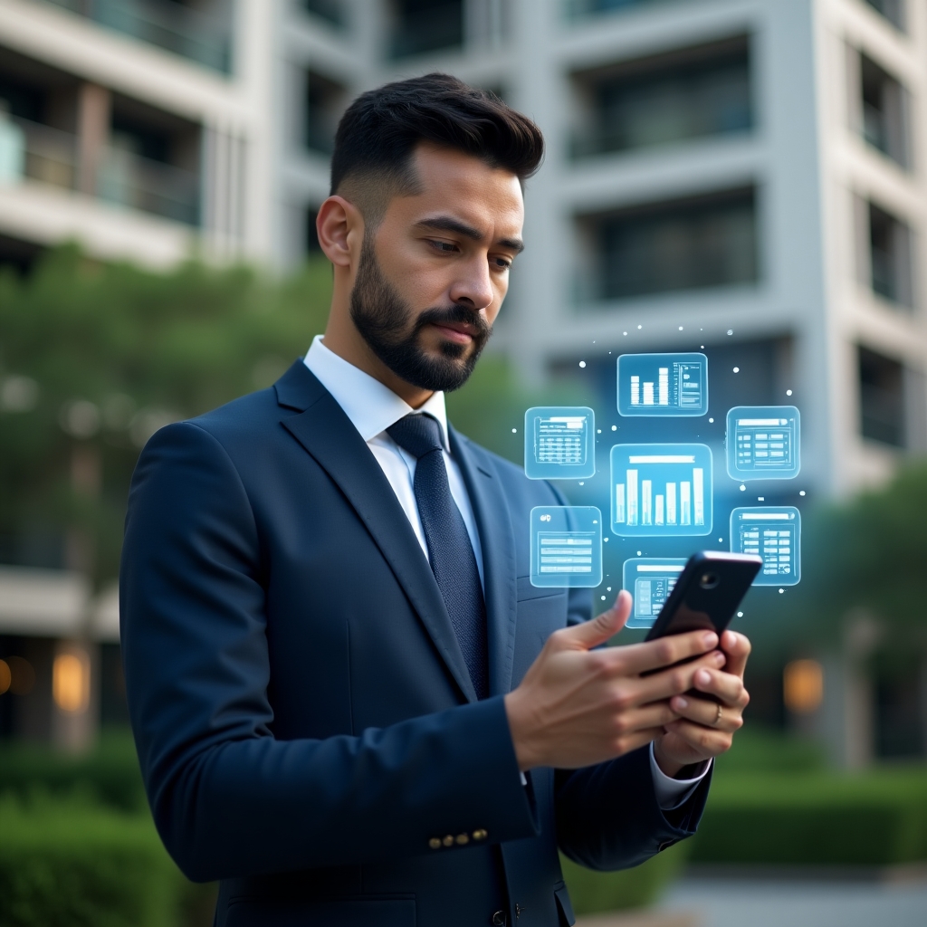 (Ultra-realistic condominium manager in a tailored navy executive suit, set in a modern luxury condominium environment with high-rise buildings and lush green landscaping, confidently holding a smartphone displaying holographic app icons representing financial reports and reservation calendars, futuristic translucent UI elements floating around, cinematic lighting, shallow depth of field, highly detailed textures, realistic skin, photographic realism, 8k resolution --ar 1:1 --v 6)