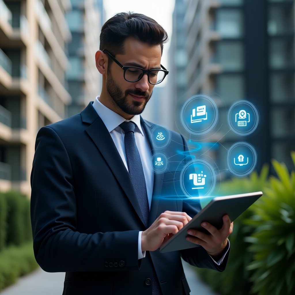 (Ultra-realistic condominium manager in a tailored navy suit, set in a modern luxury condominium environment with high-rise buildings and lush green landscaping, holding a tablet displaying a floating holographic dashboard of an condomínio management app, confidently tapping icons for payments, communications and meetings, circular holograms of charts and notifications orbiting around, cinematic lighting, shallow depth of field, highly detailed textures, realistic skin, photographic realism, 8k resolution --ar 1:1 --v 6)