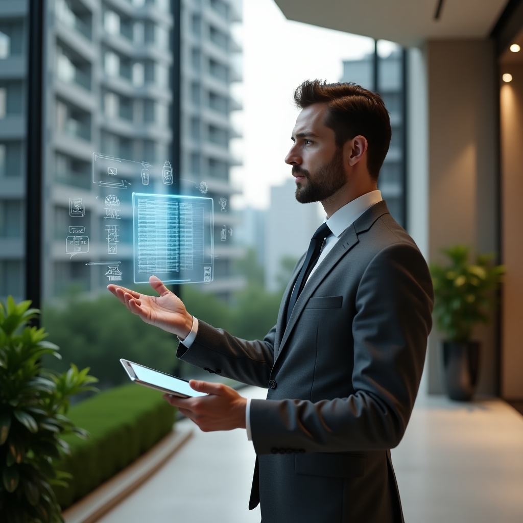(Ultra-realistic condominium manager in a charcoal gray suit, set in a modern luxury condominium environment with high-rise buildings and lush green landscaping, standing in a well-lit lobby, holding a tablet in one hand and gesturing thoughtfully toward floating holographic icons of a spreadsheet grid and a mobile app interface, cinematic lighting, shallow depth of field, highly detailed textures, realistic skin, photographic realism, 8k resolution --ar 1:1 --v 6)