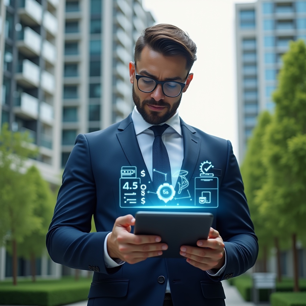 (Ultra-realistic condominium manager in a navy blue executive suit, set in a modern luxury condominium environment with high-rise buildings and lush green landscaping, holding a tablet displaying a floating holographic checklist and financial icons, reviewing documents with a confident, analytical expression, cinematic lighting, shallow depth of field, highly detailed textures, realistic skin, photographic realism, 8k resolution --ar 1:1 --v 6)