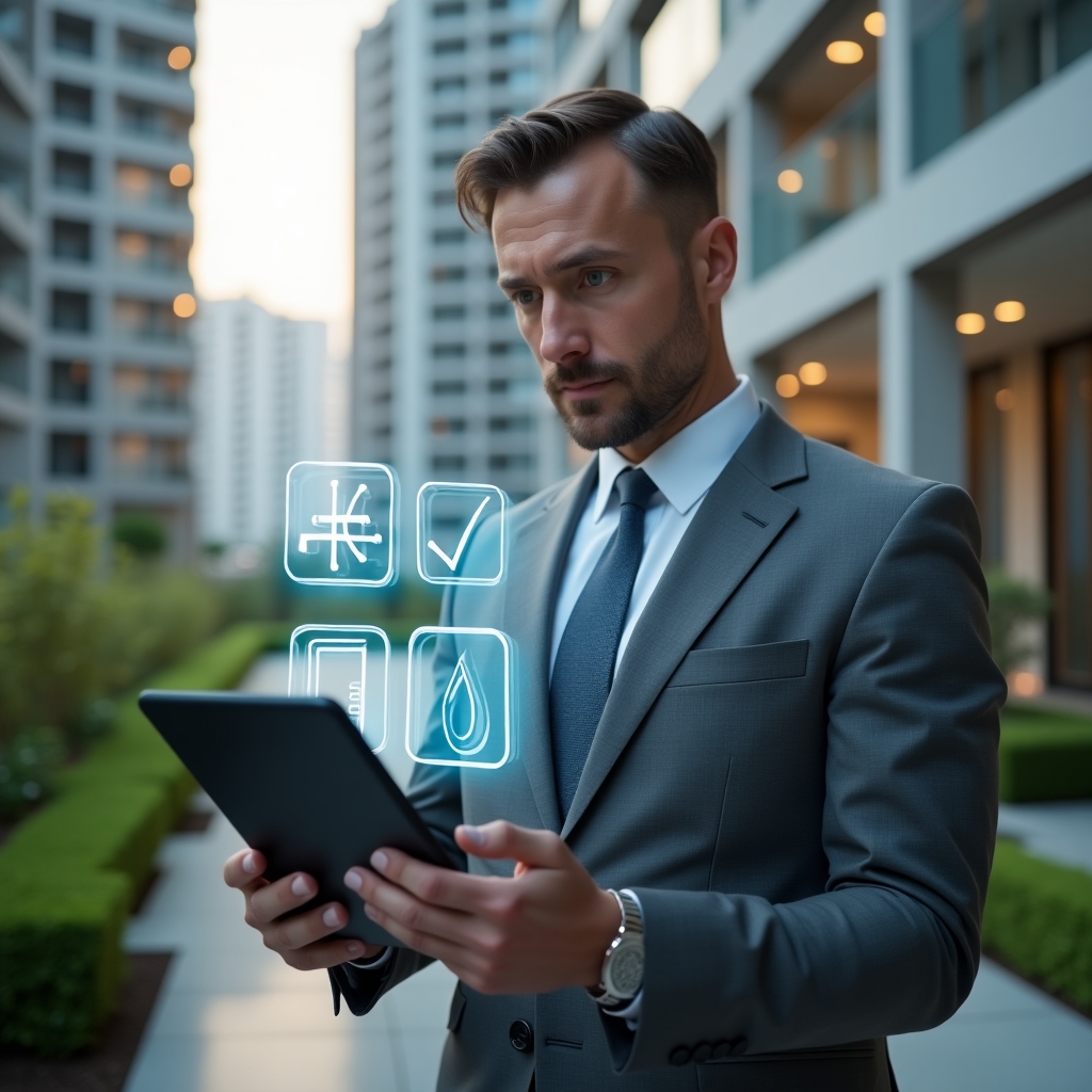 Ultra-realistic condominium manager in a tailored gray suit, set in a modern luxury condominium environment with high-rise buildings and manicured greenery, holding a digital tablet displaying holographic checklist icons of an elevator, electrical circuit, and water drop, confidently reviewing preventive maintenance tasks, subtle floating holograms symbolizing technology and efficiency, cinematic lighting, shallow depth of field, highly detailed textures, realistic skin, photographic realism, 8k resolution --ar 1:1 --v 6