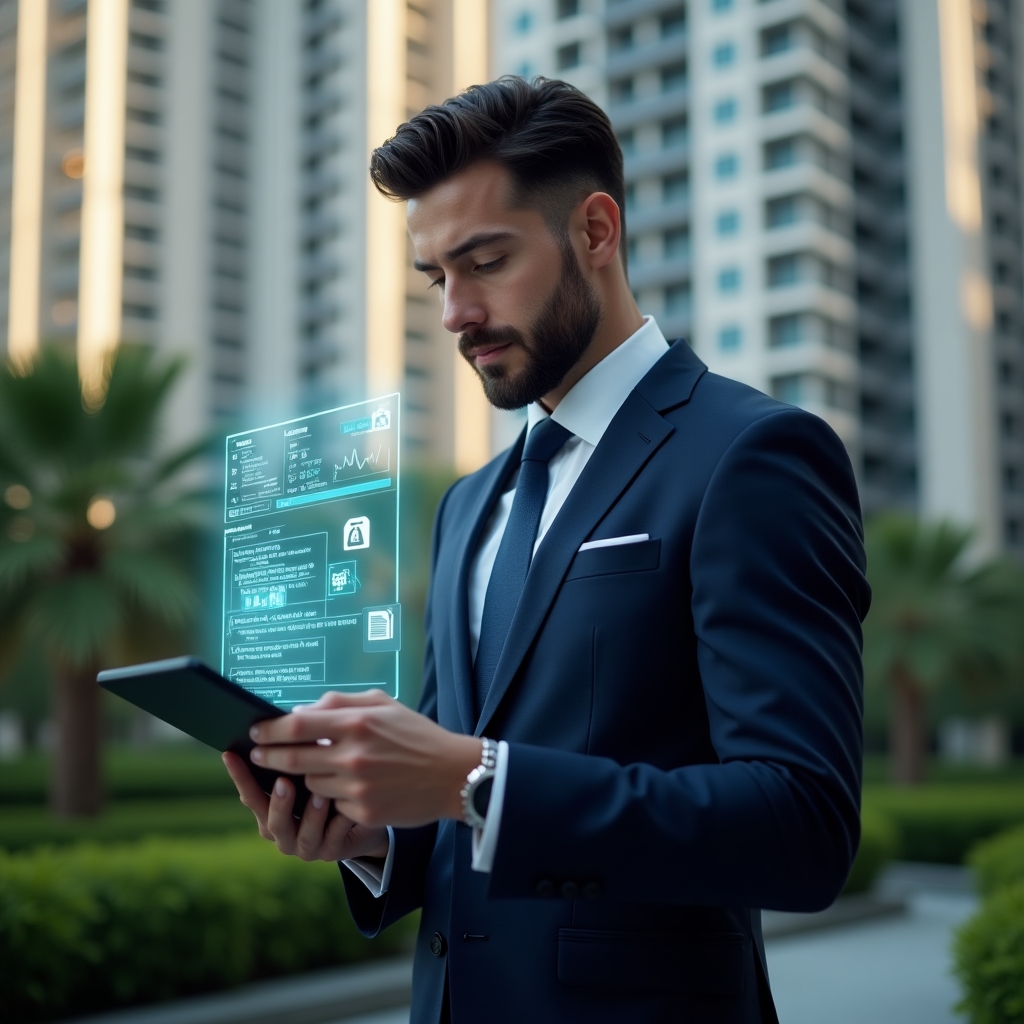 (Ultra-realistic condominium manager in a tailored navy suit, set in a modern luxury condominium environment with high-rise buildings and meticulously manicured greenery, reviewing a holographic financial checklist projected from a tablet, confident and focused expression, floating icons of charts and budget sheets around them, cinematic lighting, shallow depth of field, highly detailed textures, realistic skin, photographic realism, 8k resolution --ar 1:1 --v 6)