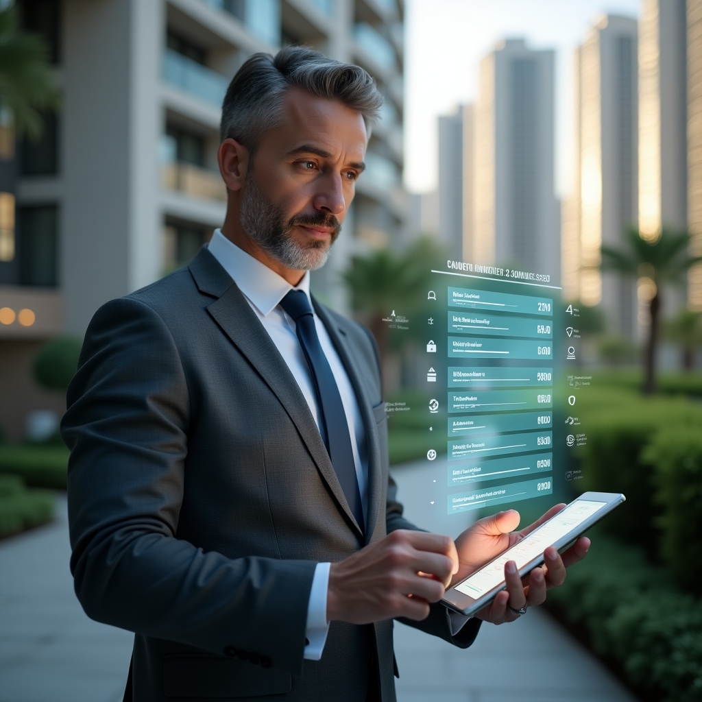 (Ultra-realistic condominium manager in a charcoal gray executive suit, set in a modern luxury condominium environment with high-rise buildings and manicured greenery, reviewing a floating holographic monthly financial checklist and digital invoices on a transparent tablet, holographic icons of balancetes and receipts orbiting around, confident and focused expression, cinematic lighting, shallow depth of field, highly detailed textures, realistic skin, photographic realism, 8k resolution --ar 1:1 --v 6)