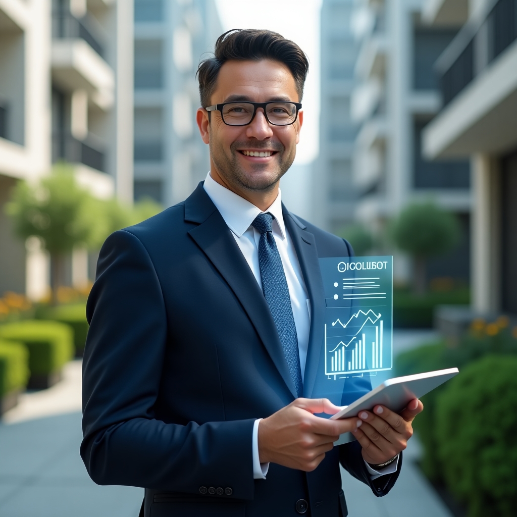 (Ultra-realistic property manager in a navy suit, set in a modern luxury condominium environment with high-rise buildings and manicured green landscaping, holding a transparent tablet displaying holographic financial charts and a floating checklist icon, confident and focused expression, cinematic lighting, shallow depth of field, highly detailed textures, realistic skin, photographic realism, 8k resolution --ar 1:1 --v 6)