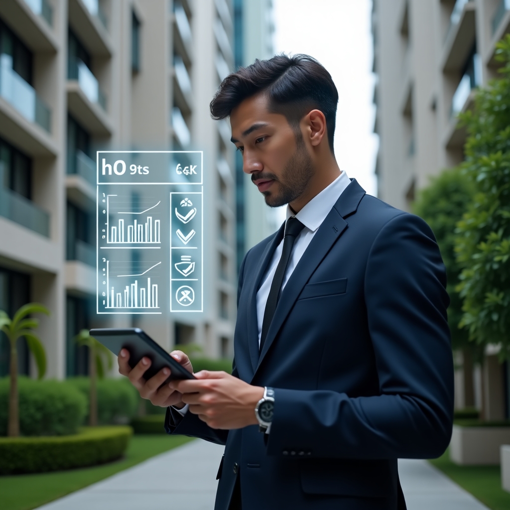 Ultra-realistic condominium manager in a navy suit, set in a modern luxury condominium environment with high-rise buildings and manicured green landscaping, reviewing a digital tablet displaying a floating holographic financial checklist and transparent balance charts, confident and focused expression, cinematic lighting, shallow depth of field, highly detailed textures, realistic skin, photographic realism, 8k resolution --ar 1:1 --v 6