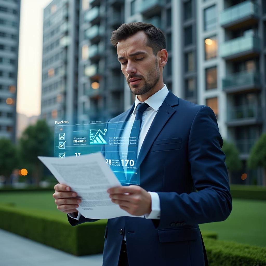 (Ultra-realistic condominium manager in a navy blue executive suit, set in a modern luxury condominium environment with high-rise buildings and manicured green landscaping, holding a semi-transparent holographic checklist and illuminated financial report icons, confidently reviewing documents with a focused expression, cinematic lighting, shallow depth of field, highly detailed textures, realistic skin, photographic realism, 8k resolution --ar 1:1 --v 6)