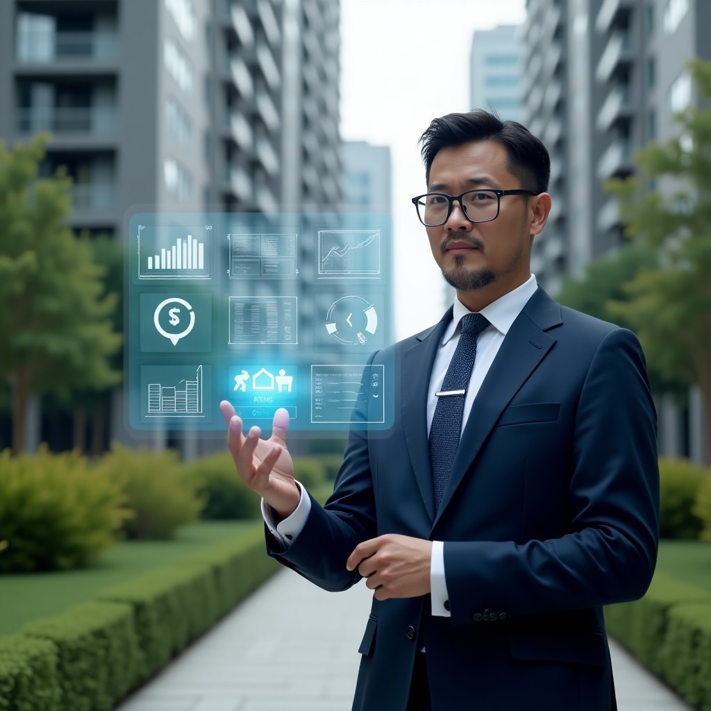 Ultra-realistic property manager in a tailored navy suit, set in a modern luxury condominium environment with high-rise buildings and meticulously landscaped greenery, interacting with a holographic interface displaying app icons and data charts that represent an efficient condominium management app, confident and focused expression, cinematic lighting, shallow depth of field, highly detailed textures, realistic skin, photographic realism, 8k resolution --ar 1:1 --v 6
