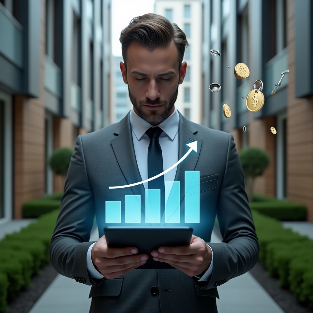 (Ultra-realistic condominium manager in a charcoal gray executive suit, set in a modern luxury condominium environment with high-rise buildings and manicured green landscaping, analyzing a holographic descending cost graph projected from a tablet, holographic icons of coins and maintenance tools floating around, confident and focused expression, cinematic lighting, shallow depth of field, highly detailed textures, realistic skin, photographic realism, 8k resolution --ar 1:1 --v 6)