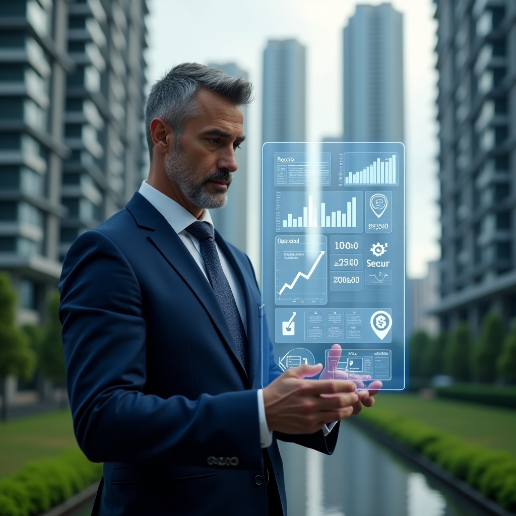 Ultra-realistic condominium manager in a navy blue executive suit, set in a modern luxury condominium environment with high-rise buildings and manicured green landscaping, reviewing a translucent holographic interface displaying financial charts, maintenance checklists, security icons, and budget forecasts, confident and focused expression, cinematic lighting, shallow depth of field, highly detailed textures, realistic skin, photographic realism, 8k resolution --ar 1:1 --v 6