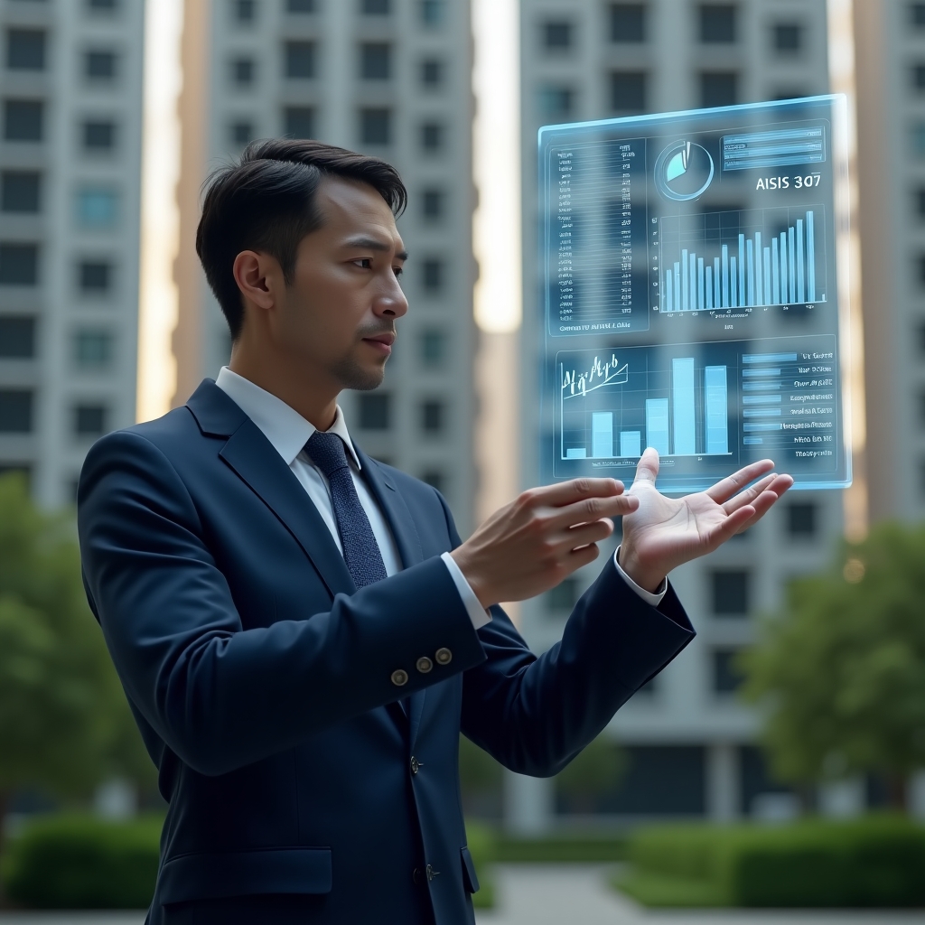 (Ultra-realistic condominium manager in a navy blue suit, set in a modern luxury condominium environment with high-rise buildings and lush green landscaping, analyzing a floating holographic financial report, with holographic pie charts and bar graphs representing budget and expenses, cinematic lighting, shallow depth of field, highly detailed textures, realistic skin, photographic realism, 8k resolution --ar 1:1 --v 6)