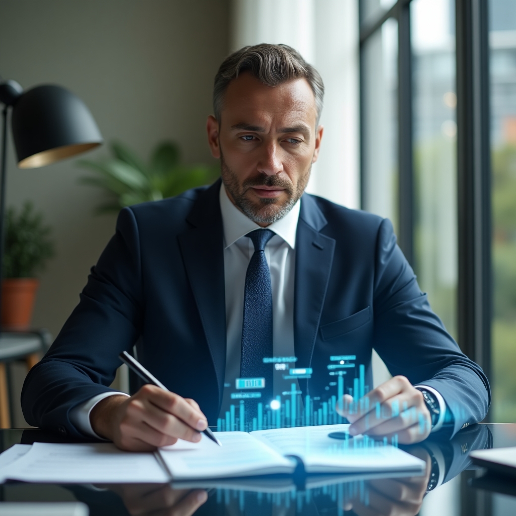 (Ultra-realistic condominium manager in a tailored dark blue suit, set in a modern luxury condominium environment with high-rise buildings and manicured green spaces, seated at a sleek desk reviewing financial documents with a holographic pie chart and ledger icons floating beside him, focused and confident expression, cinematic lighting, shallow depth of field, highly detailed textures, realistic skin, photographic realism, 8k resolution --ar 1:1 --v 6)