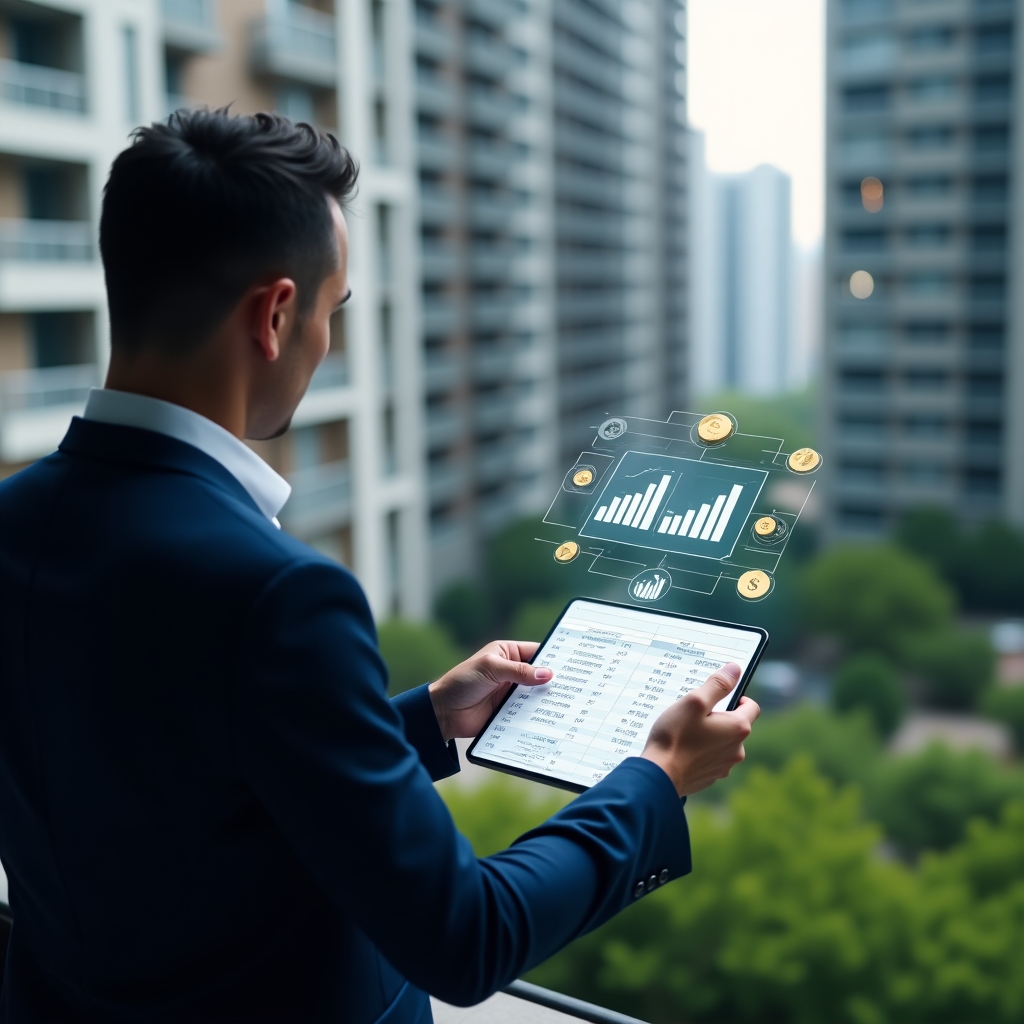 (Ultra-realistic condominium manager in a navy blue suit, set in a modern luxury condominium environment with high-rise buildings and green landscaping, examining a holographic spreadsheet and a floating smartphone interface displaying financial charts, icons of budgets and coins orbiting around, cinematic lighting, shallow depth of field, highly detailed textures, realistic skin, photographic realism, 8k resolution --ar 1:1 --v 6)