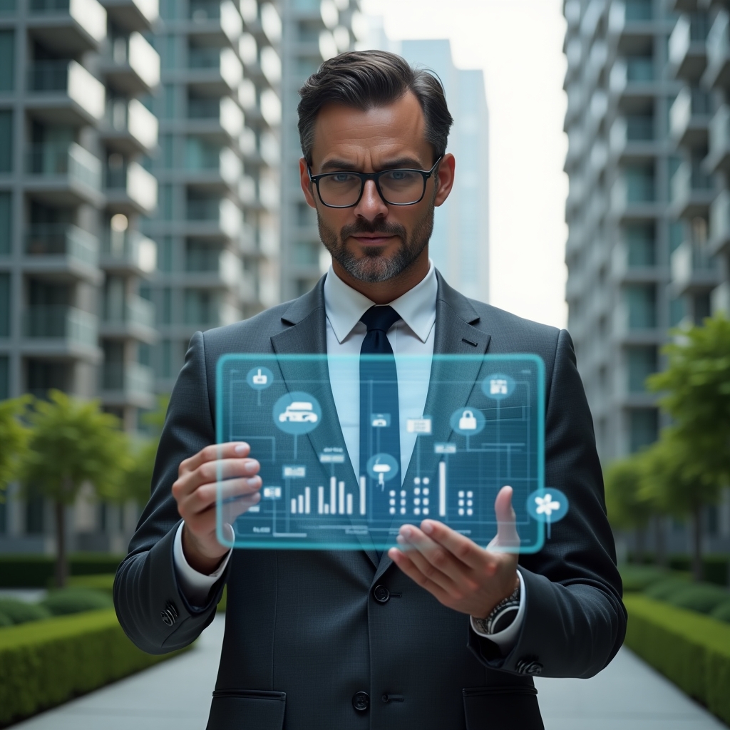 Ultra-realistic condominium manager in a charcoal gray suit, set in a modern luxury condominium environment with high-rise buildings and manicured green landscaping, reviewing a holographic budget chart with cost-saving icons floating around, confident and analytical expression, cinematic lighting, shallow depth of field, highly detailed textures, realistic skin, photographic realism, 8k resolution --ar 1:1 --v 6