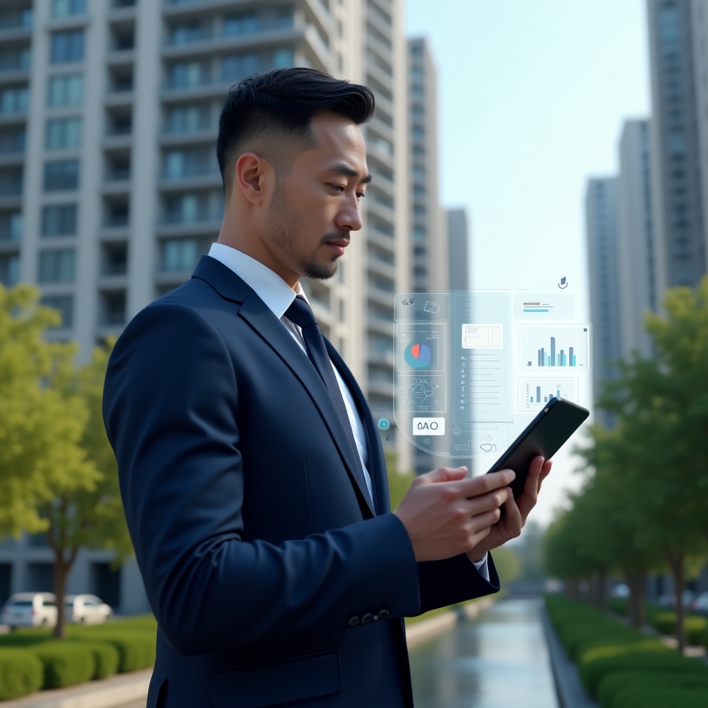 Ultra-realistic condominium manager in a navy blue suit, set in a modern luxury condominium environment with high-rise buildings and lush green landscaping, examining a digital tablet displaying holographic cost-saving charts and blueprints, confident and focused expression, holographic icons of downward arrows and tools floating beside, cinematic lighting, shallow depth of field, highly detailed textures, realistic skin, photographic realism, 8k resolution --ar 1:1 --v 6