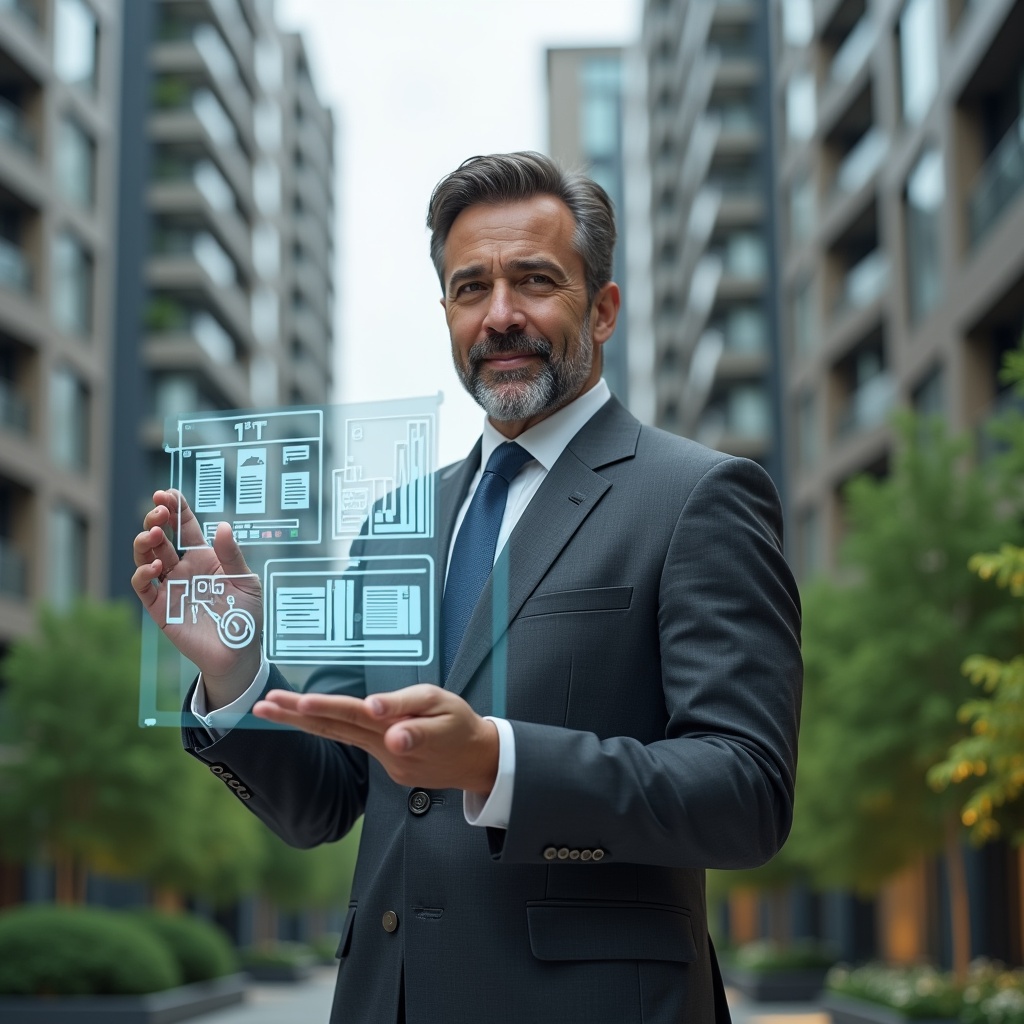(Ultra-realistic condominium property manager in a charcoal gray tailored suit, set in a modern luxury condominium environment with high-rise buildings and lush green landscaping, mid-shot of the manager holding a holographic financial chart showing cost-saving graphs and repair icons, a floating semi-transparent toolkit and coin stack holograms beside them, confident and focused expression, cinematic lighting, shallow depth of field, highly detailed textures, realistic skin, photographic realism, 8k resolution --ar 1:1 --v 6)