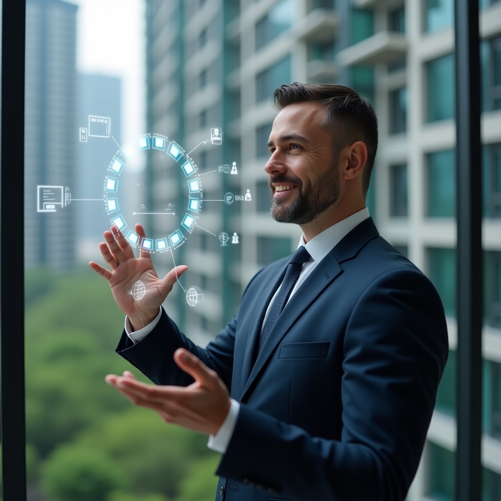 (Ultra-realistic condominium manager in a navy suit, set in a modern luxury condominium environment with high-rise buildings and green landscaping, interacting with floating holographic icons representing communication, finance, space booking, maintenance and real-time reports, confident expression with slight smile, cinematic lighting, shallow depth of field, highly detailed textures, realistic skin, photographic realism, 8k resolution --ar 1:1 --v 6)