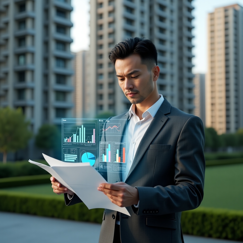 (Ultra-realistic condominium manager in a tailored dark gray suit, set in a modern luxury condominium environment with high-rise buildings and manicured green landscaping, holding a transparent holographic financial report displaying colorful bar and pie charts, reviewing the data with a confident, focused expression, floating icons of documents and graphs around the report, cinematic lighting, shallow depth of field, highly detailed textures, realistic skin, photographic realism, 8k resolution --ar 1:1 --v 6)