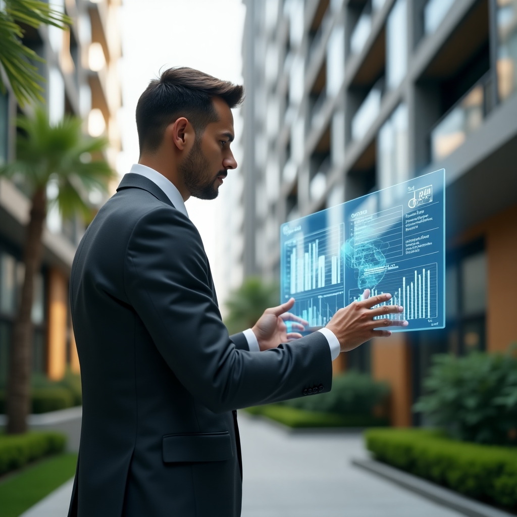 Ultra-realistic condominium manager in a charcoal gray suit, set in a modern luxury condominium environment with high-rise buildings and manicured green landscaping, standing in a confident pose while interacting with a holographic financial report displaying charts and receipts, symbolizing transparent accounting processes, cinematic lighting, shallow depth of field, highly detailed textures, realistic skin, photographic realism, 8k resolution --ar 1:1 --v 6