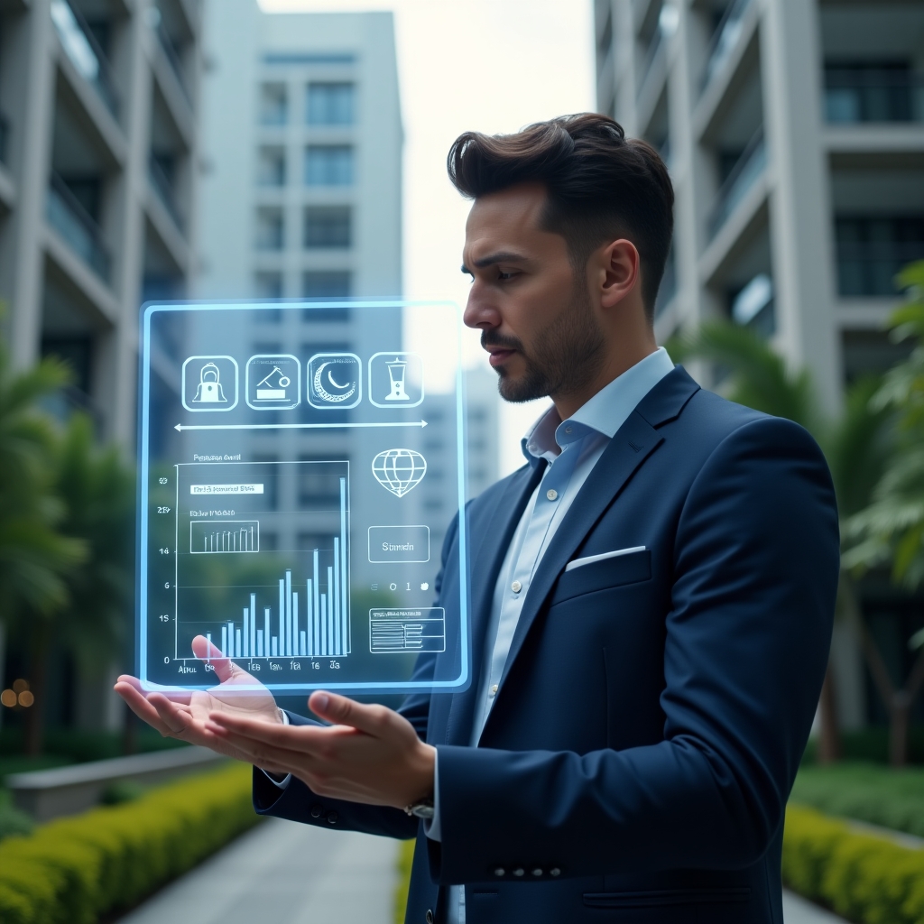 Ultra-realistic condominium manager in a navy-blue suit, set in a modern luxury condominium environment with high-rise buildings and lush green landscaping, confidently analyzing a floating holographic interface displaying financial graphs, access control icons, and maintenance schedules, cinematic lighting, shallow depth of field, highly detailed textures, realistic skin, photographic realism, 8k resolution --ar 1:1 --v 6