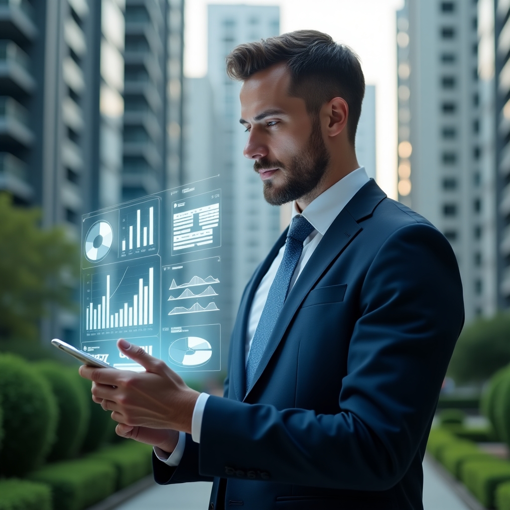 (Ultra-realistic condominium manager in a navy executive suit, set in a modern luxury condominium environment with high-rise buildings and lush green landscaping, holding a transparent holographic tablet displaying financial charts and reports, confidently analyzing data with a focused expression, floating holographic icons of pie charts and documents symbolizing integrated accounting, cinematic lighting, shallow depth of field, highly detailed textures, realistic skin, photographic realism, 8k resolution --ar 1:1 --v 6)