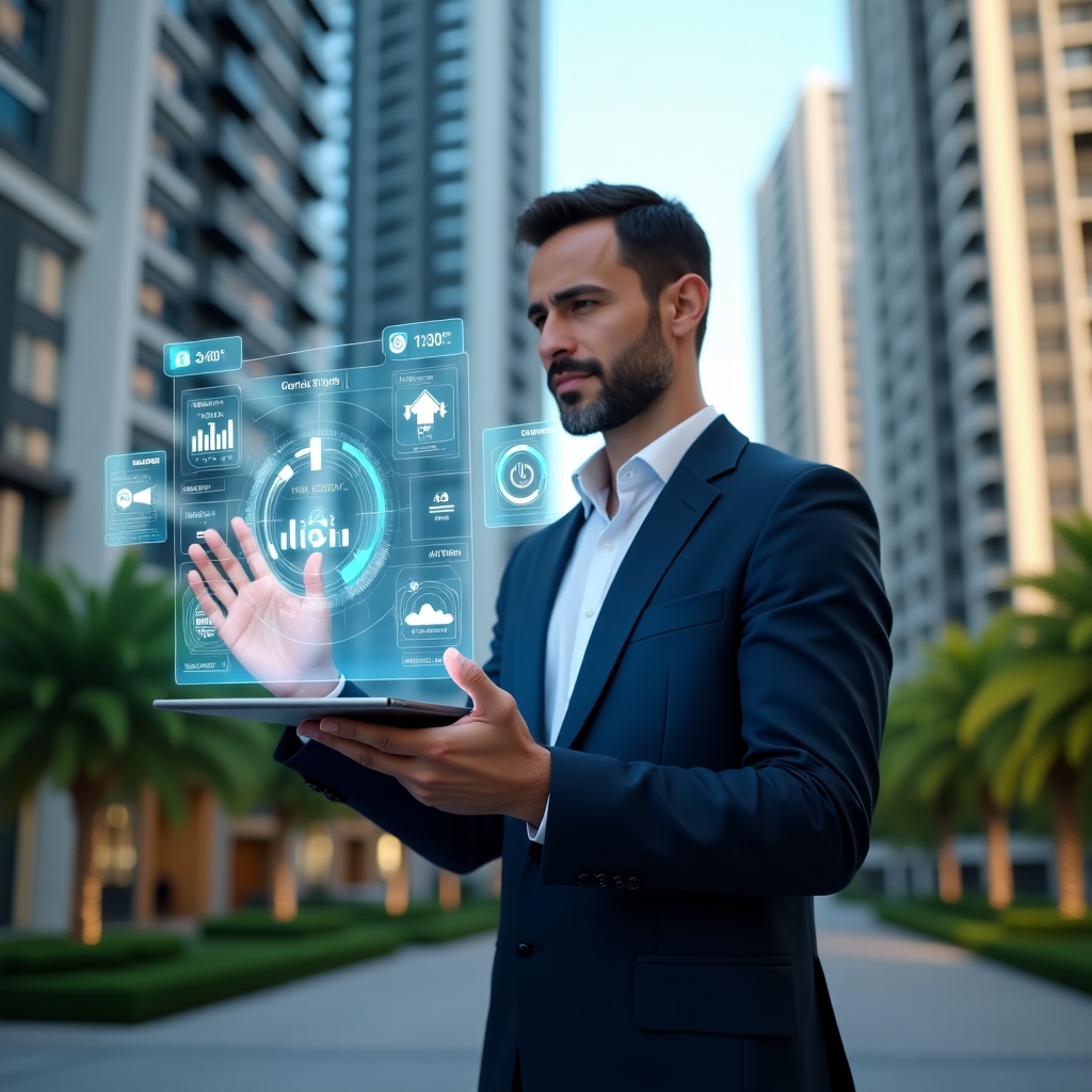 Ultra-realistic condo manager in a navy executive suit, set in a modern luxury condominium environment with high-rise buildings and lush green landscaping, confidently interacting with a holographic financial dashboard displaying real-time revenue graphs, expense charts, and reservation calendars, floating digital icons symbolizing optimization and seamless communication, cinematic lighting, shallow depth of field, highly detailed textures, realistic skin, photographic realism, 8k resolution --ar 1:1 --v 6