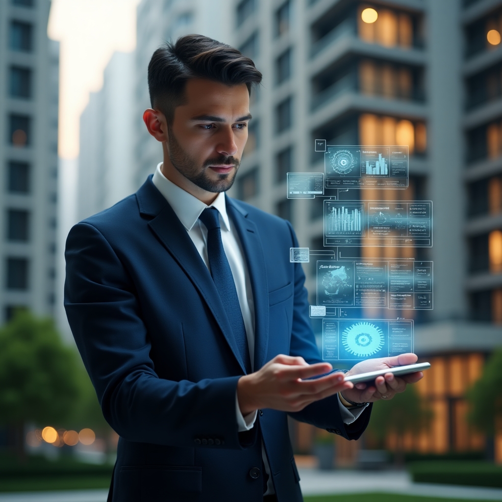 (Ultra-realistic condominium manager in a tailored navy suit, set in a modern luxury condominium environment with high-rise buildings and meticulously landscaped greenery, examining a holographic maintenance schedule with floating gear icons and cost-saving charts, conveying confidence and focus, cinematic lighting, shallow depth of field, highly detailed textures, realistic skin, photographic realism, 8k resolution --ar 1:1 --v 6)