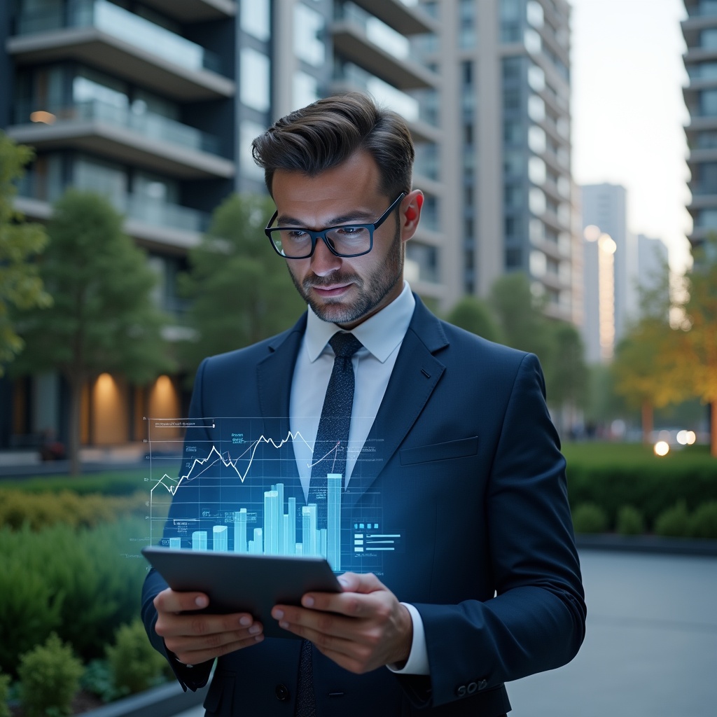 (Ultra-realistic condominium manager in a tailored navy-blue suit, set in a modern luxury condominium environment with high-rise buildings and manicured greenery, medium shot of a professional analyzing a holographic financial report projected from a tablet, floating charts and graphs symbolizing digital transparency, confident and engaged expression, cinematic lighting, shallow depth of field, highly detailed textures, realistic skin, photographic realism, 8k resolution --ar 1:1 --v 6)