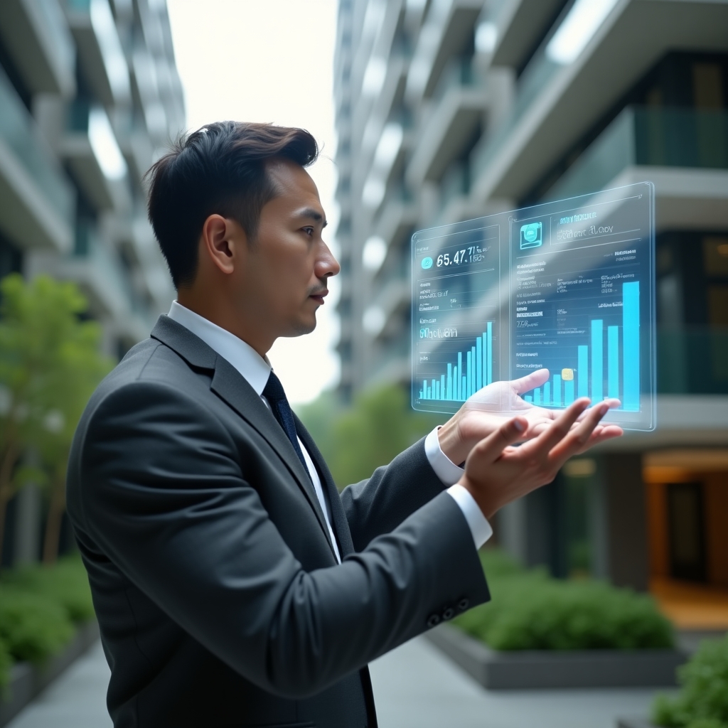(Ultra-realistic condo manager in a charcoal gray executive suit, set in a modern luxury condominium environment with high-rise buildings and lush green landscaping, interacting with a floating holographic financial report and approving digital expense charts mid-air, subtle icons of graphs and real-time notifications around them, confident and focused expression, cinematic lighting, shallow depth of field, highly detailed textures, realistic skin, photographic realism, 8k resolution --ar 1:1 --v 6)