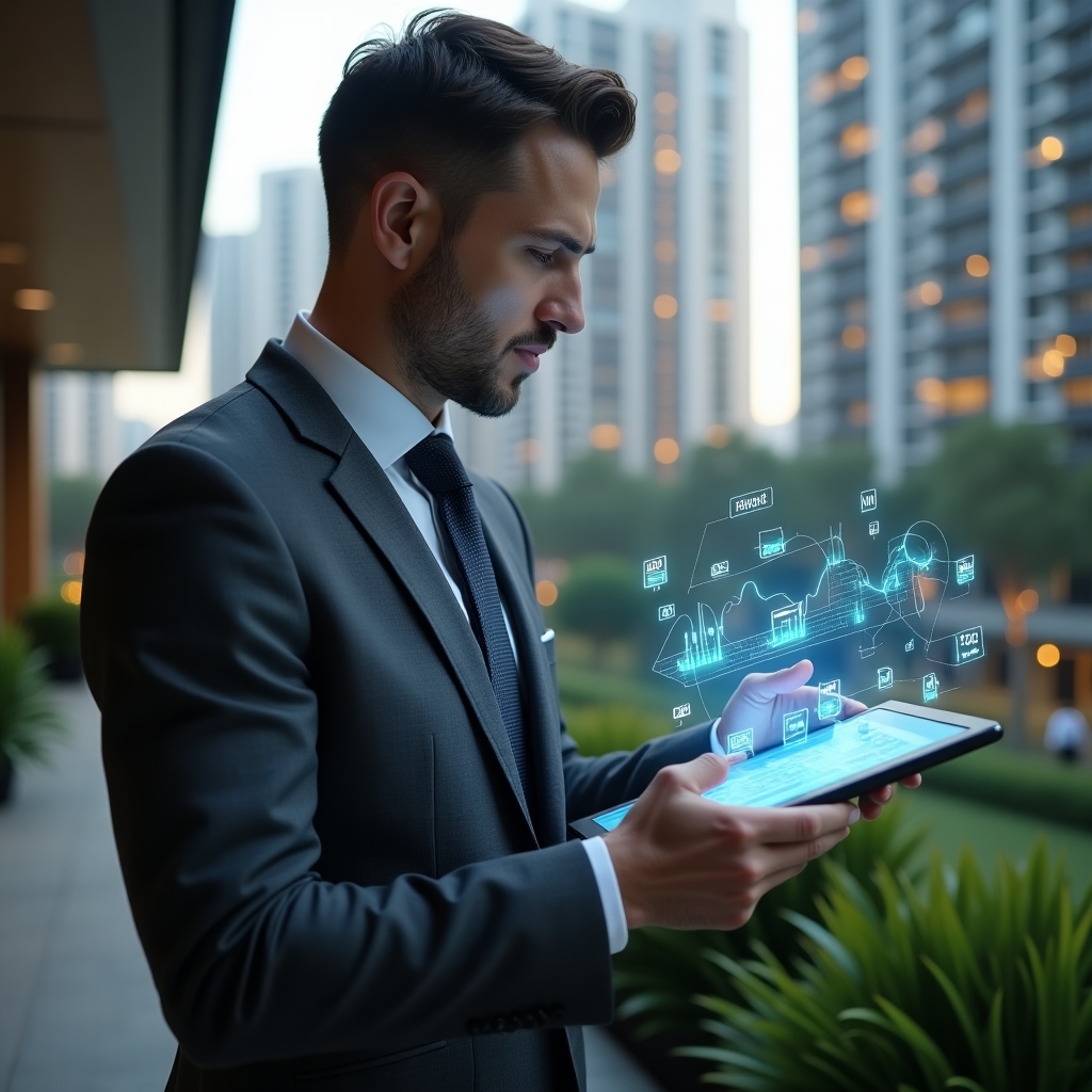 (Ultra-realistic condominium manager in a charcoal gray executive suit, set in a modern luxury condominium environment with high-rise buildings and meticulously landscaped gardens, holding a sleek tablet displaying holographic financial charts and automated reports, confidently analyzing digital data streams, holographic icons of graphs and timers floating around the device, cinematic lighting, shallow depth of field, highly detailed textures, realistic skin, photographic realism, 8k resolution --ar 1:1 --v 6)