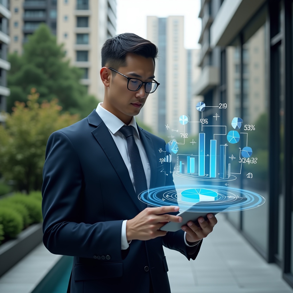 Ultra-realistic condominium manager in a navy suit, set in a modern luxury condominium environment with high-rise buildings and green landscaping, confidently examining a digital tablet displaying a holographic pie chart over a floor plan, holographic fraction graphs floating nearby, cinematic lighting, shallow depth of field, highly detailed textures, realistic skin, photographic realism, 8k resolution --ar 1:1 --v 6