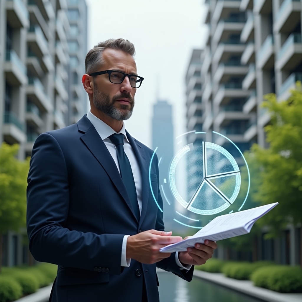 Ultra-realistic condominium manager in a navy suit, set in a modern luxury condominium environment with high-rise buildings and lush green landscaping, analyzing a holographic pie chart representing unit fractions while holding a digital blueprint, with a confident, thoughtful expression, holographic fractional overlays, cinematic lighting, shallow depth of field, highly detailed textures, realistic skin, photographic realism, 8k resolution --ar 1:1 --v 6