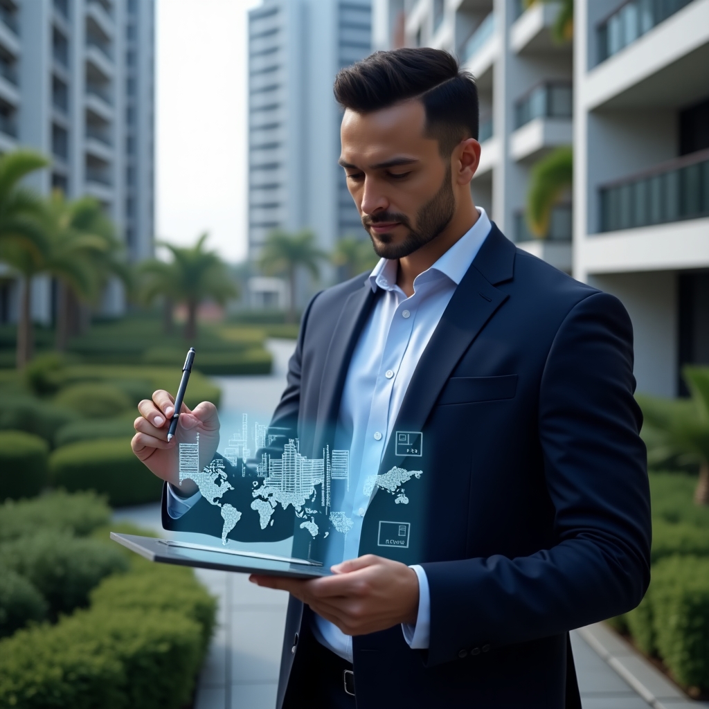 Ultra-realistic property manager in a navy blue suit, set in a modern luxury condominium environment with high-rise buildings and meticulously landscaped gardens, analyzing a holographic fractional diagram of condominium units with a digital stylus in hand, confident and focused expression, holographic icons of building floor plans and percentage symbols floating nearby, cinematic lighting, shallow depth of field, highly detailed textures, realistic skin, photographic realism, 8k resolution --ar 1:1 --v 6